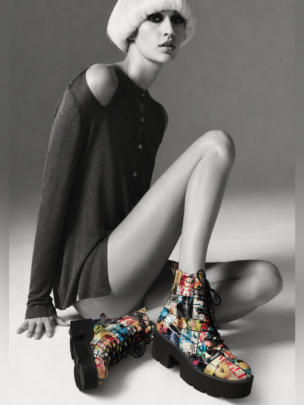 Shoe Republic LA Vogue Magazine Print Platform Combat Boots Y2K Lace-Up Statemen